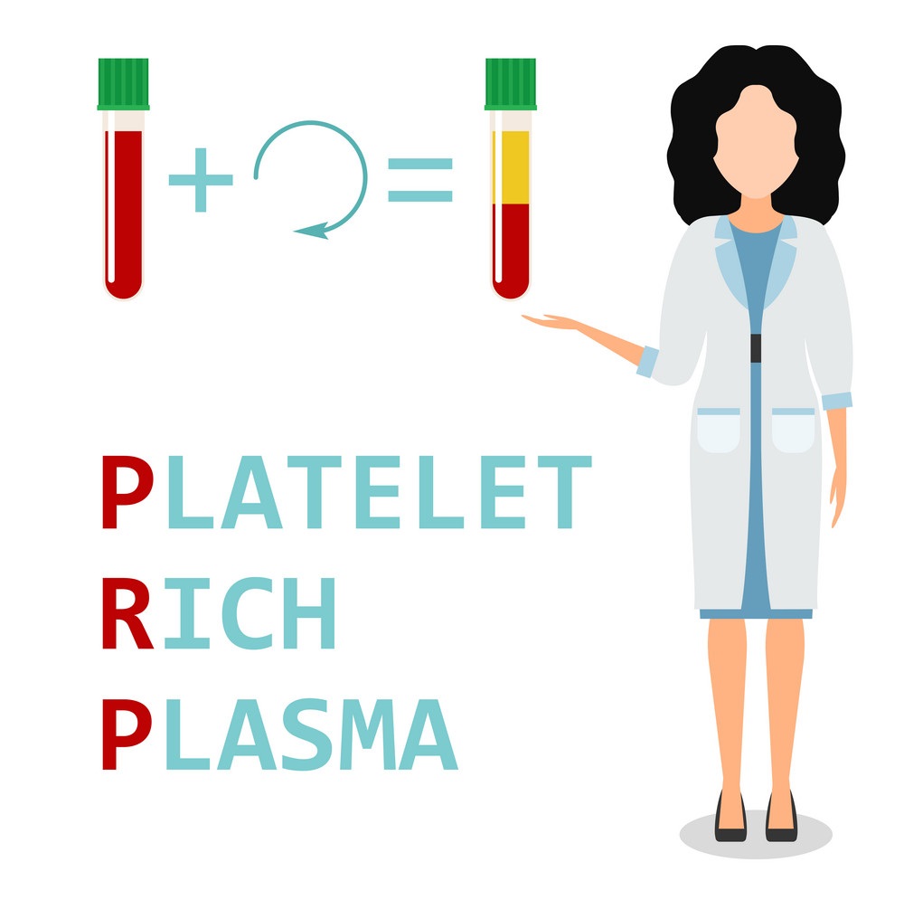 Platelet rich plasma. Nurse or woman doctor explains the generation modern method of treatment of PRP. Test tube with blood and centrifuge. Vector illustration.